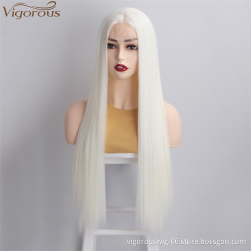 Vigorous White Synthetic Lace Front Wig Long Straight Wigs for Women 26 inches Middle Part Black Red Pink Cosplay Party Wigs